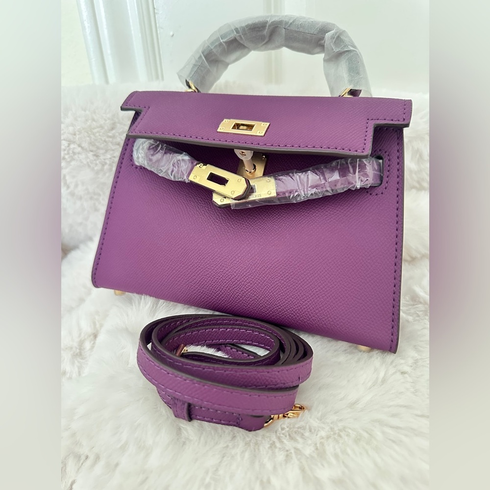 Top Handle, Crossbody Classic Mini Epsom Bag with Gold Hardware in Deep Purple - Picture 3 of 10